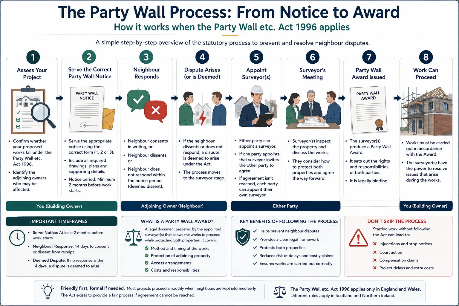 Do I Need a Party Wall Agreement? An infographic showing the party wall process from notice to award in a very interactive way for the citizens living in Gloucester, UK