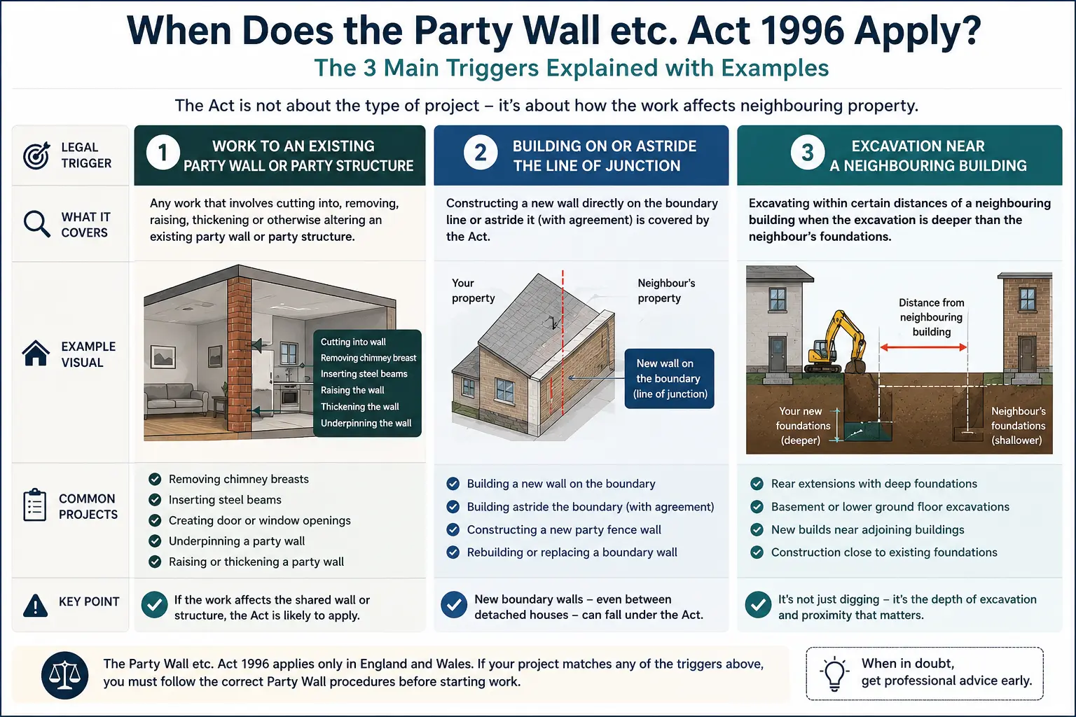 Do I Need a Party Wall Agreement? An infographic showing when does the party wall etc act 1996 apply like excavation, junction, painting, in Gloucester, UK